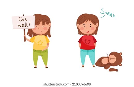 Cute upset little girls saying sorry set. Good manners of kids cartoon vector illustration