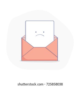 Cute upset open envelope with letter. Bad News, red Mail, Warning Letter, bills, debts, overdue payments vector concept. Flat outline illustration.