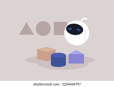 Cute upset robot trying to assemble a simple puzzle with triangle, square and round shapes