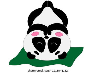 A cute upside down panda does yoga on the rug.