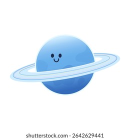 Cute Uranus planet character. Cartoon planet of the Solar system. Funny space object with rings. Vector illustration