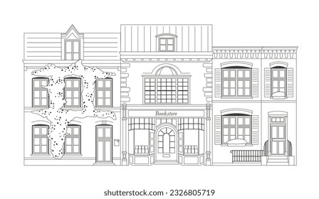 Cute urban buildings line concept. Architecture and infrastructure. Bookstore and bookshop. Love for literature and reading. Minimalist creativity and art. Linear flat vector illustration