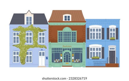 Cute urban buildings set. Bookshop, old and new houses near shop. City infrastructure, store with showcase. Home and apartment. Cartoon flat vector collection isolated on white background