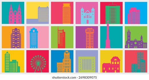 Edifícios urbanos bonitos. Vetor conjunto isolado de ilustrações arquitetônicas de exteriores da casa da cidade.