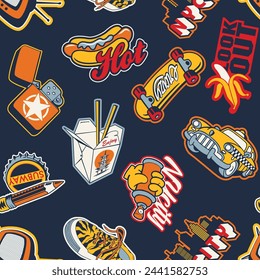 Cute urban street sticker clip art patchwork wallpaper abstract vector seamless pattern for children wear fabric shirt sweatshirt pajamas