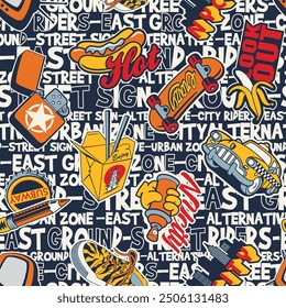 Cute urban street stickers patchwork with graffiti lettering background abstract vector seamless pattern for children wear fabric shirt sweatshirt pajamas