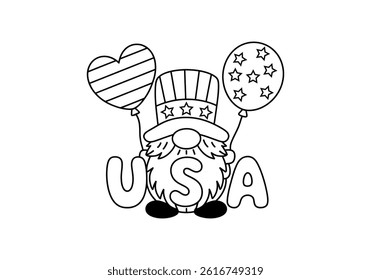 Cute USA Gnome with Patriotic Balloons, Coloring Page