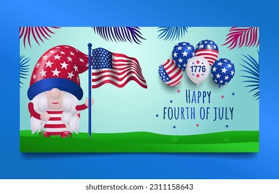 Cute USA Independence Day, 4th of July social media banner, with balloons and fireworks illustration