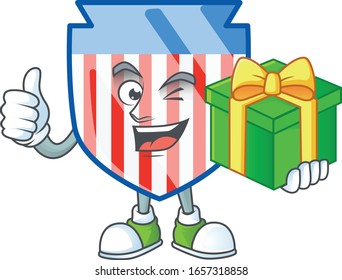 Cute USA stripes shield character holding a gift box