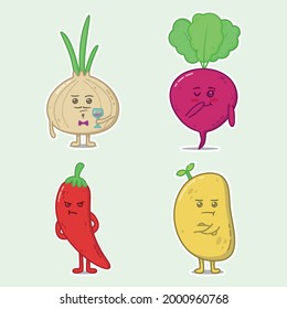 Cute useful tasty funny vegetables onion, potato, pepper, beet are having fun, illustration, drawing