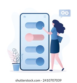 La chica de usuario inteligente mueve deslizadores de configuración. Ajuste del sistema Smartphone, panel de control. Teléfono celular y mujer de estilo azul moderno. Interfaz de usuario móvil. Cambiar la configuración del gadget. Ilustración vectorial plana