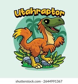 Cute Utahraptor Dinosaur Character Mascot in Vector Cartoon Illustration