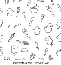 Cute Utensils Seamless Doodle Pattern In Hand Drawn Style Suitable For Background 