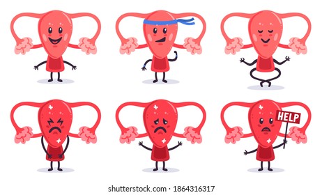 Cute uterus characters. Healthy and sick women uterus organ mascots. Female reproductive system characters with facial emotions vector illustrations. Happy and unhealthy organs asking for help