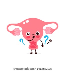 Cute uterus with question mark character. Vector flat cartoon character illustration icon design. Isolated on white background. Women uterus thinking concept