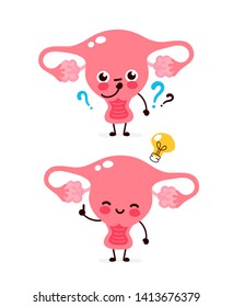 Cute uterus with question mark and lightbulb character. Vector flat cartoon character illustration icon design. Isolated on white background. Uterus have idea concept