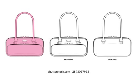 Cute Utility Handbag Technical Fashion Illustration. Structured Shoulder Bag Vector Template. Functional Design with large Front Zip Pocket. Unisex Casual Streetwear Bag. CAD Mockup set.
