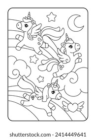 Cute Uunicorn and friends flying over a rainbow coloring page illustration