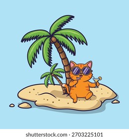 Nette Ferien Katze Vektorgrafik Entspannen mit Cocktails auf tropischer Insel mit Palmen und blauem Hintergrund