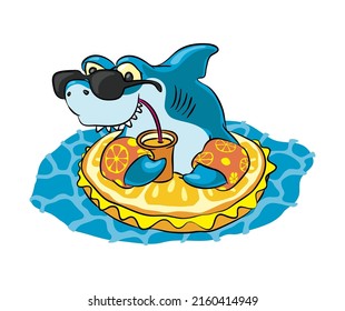 Cute vacation shark resting at sea with swimming ring