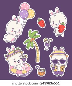 Lindas pegatinas de conejo feliz de vacaciones. Conejito divertido con globos y fresas, chico de playa con cóctel tropical y chica en anillo de goma de natación. Vector aislado kawaii caracteres animales.