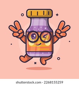 cute vaccine bottle character with peace sign hand gesture isolated cartoon in flat style design 