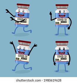 Cute Vaccine Bottle Characters. Medicine Icon Mascot Isolated Concept. Vector Flat Illustration