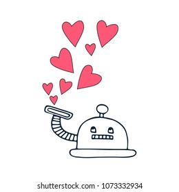 Cute Vaccuum Cleaner With Pink Hearts. Hand Drawn Vector Illustration. Cartoon Character. 