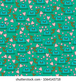 Cute vacuum cleaner seamless pattern. Hand drawn vector illustration. Colorful doodle. Childish pattern.