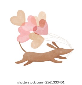 Cute Valentien's Day or Birthday Vector Card with Dachshund Dog and Heart Shaped Air Balloons. Funny Dog ​​Holding Bunch of Balloons of Heart Shape. Lovely Hand Drawn Nursery Art with Sweet Puppy. RGB