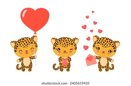 Cute valentine animal illustration. Kawaii leopard holding heart shape balloon, cake, envelope with paper hearts. Cartoon cheetah character jaguar emoji vector. Love mascot for valentine day greeting.