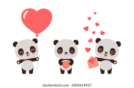 Cute valentine animal illustration. Kawaii panda holding heart shape balloon, cake, envelope with paper hearts. Cartoon character emoji vector. Love mascot for valentine day greeting. Flat design.