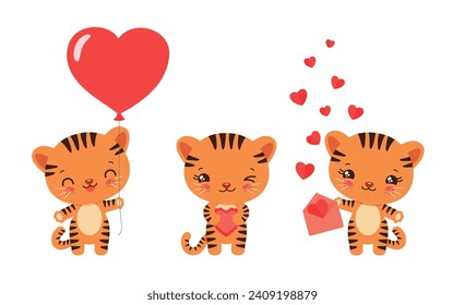 Cute valentine animal illustration. Kawaii tiger holding heart shape balloon, cake, envelope with paper hearts. Cartoon tiger cub character cat emoji vector. Love mascot for valentine day greeting.