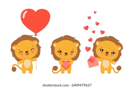 Ilustración de animales valentina. León kawaii sosteniendo globo de forma cardíaca, pastel, sobre con corazones de papel. Caricatura del personaje del cachorro jaguar emoji vector. Mascota de amor para el saludo de San Valentín.