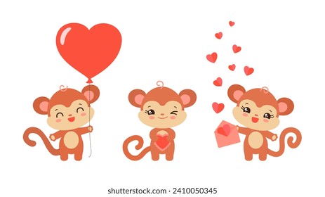 Cute valentine animal vector illustration. Kawaii monkey holding heart shape balloon, cake, envelope with paper hearts. Cartoon ape character emoji flat icons. Love mascot for valentine day greeting.