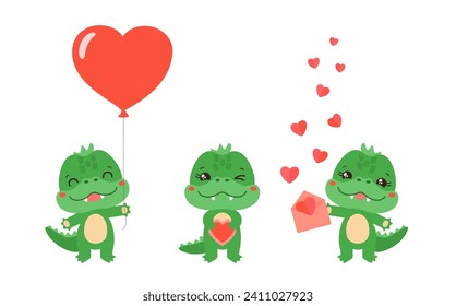 Cute valentine animal vector illustration. Kawaii crocodile holding heart shape balloon, cake, envelope paper hearts. Cartoon dinosaur little dragon character. Love mascot for valentine day greeting.