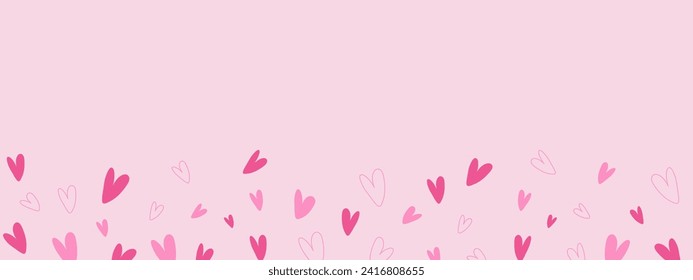 Cute Valentine background with hand drawn hearts on pink background. Vector banner, postcard, background.The 14th of February. Vector EPS 10