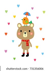 cute valentine bear and bird vector