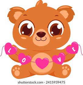 Cute Valentine Bear Cartoon Character Holding Hearts With Text Love. Vector Illustration Flat Design Isolated On Transparent Background