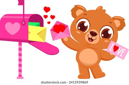 Cute Valentine Bear Cartoon Character Takes Love Letters From Mail Box. Vector Illustration Flat Design Isolated On Transparent Background