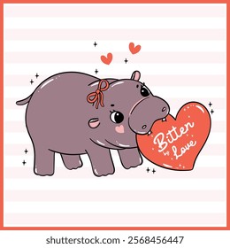 Cute Valentine Bouncy Baby Pygmy Hippo bite red Heart Hand Drawn Cartoon Character 