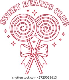 Lindo diseño de caramelos de San Valentín con dos piruletas remolinadas atadas con un gran lazo rodeado de destellos y la frase Sweet Hearts Club en letras juguetonas perfecto para el día de San Valentín Camisas para niños Trajes de fiesta Invita pegatinas y decoración de la tienda de dulces