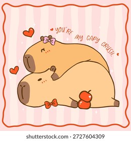 Linda pareja de Capybara de San Valentín apilar juntos ilustración de dibujos animados Kawaii dibujado a mano doodle, adecuado para tarjetas de felicitación imprimibles