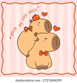 Cute Valentine Capybara stack together Kawaii cartoon hand drawn doodle illustration, suitable for greeting cards printable
