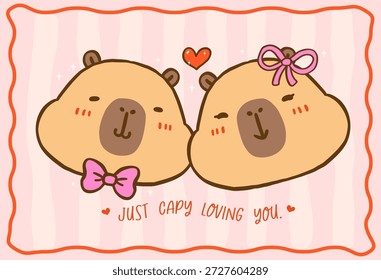 Cute Valentine Capybaras Dos Caras Juntos Kawaii ilustración de dibujos animados dibujado a mano doodle, adecuado para tarjetas de felicitación imprimibles