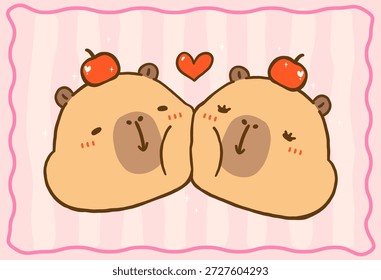 Cute Valentine Capybaras Two Face Cheek to Cheek Kissing Kawaii cartoon hand drawn doodle illustration, suitable for greeting cards printable