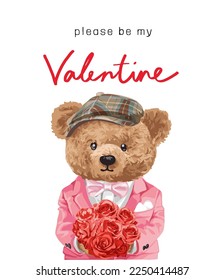 cute valentine card with bear doll in pink suit holding roses bouquet vebtor illustration