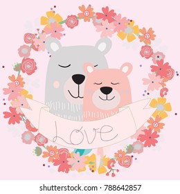 Cute valentine card cartoon big teddy bear couple,lovely character smile and satisfied,in rose frame border,happy animal pattern by hand draw doodle comic style, set vector design