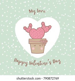 Cute valentine card decorated with cactus in heart shape and text on pastel theme.