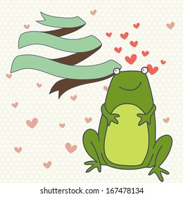 Cute valentine card with hand drawn cartoon frog in love with ribbon banner on polka dot background. 